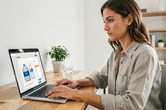 Femme cherchant à acheter un produit H2O fiable en ligne sur son ordinateur portable depuis un bureau à domicile
