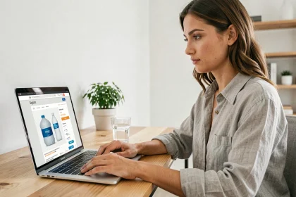 Femme cherchant à acheter un produit H2O fiable en ligne sur son ordinateur portable depuis un bureau à domicile