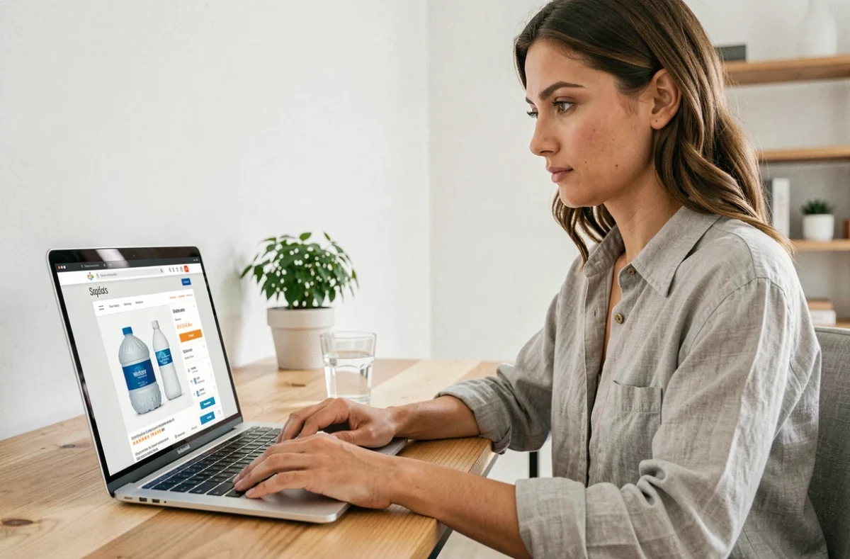 Femme cherchant à acheter un produit H2O fiable en ligne sur son ordinateur portable depuis un bureau à domicile