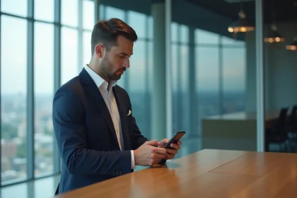 Agent immobilier en costume navy utilisant une app sur smartphone