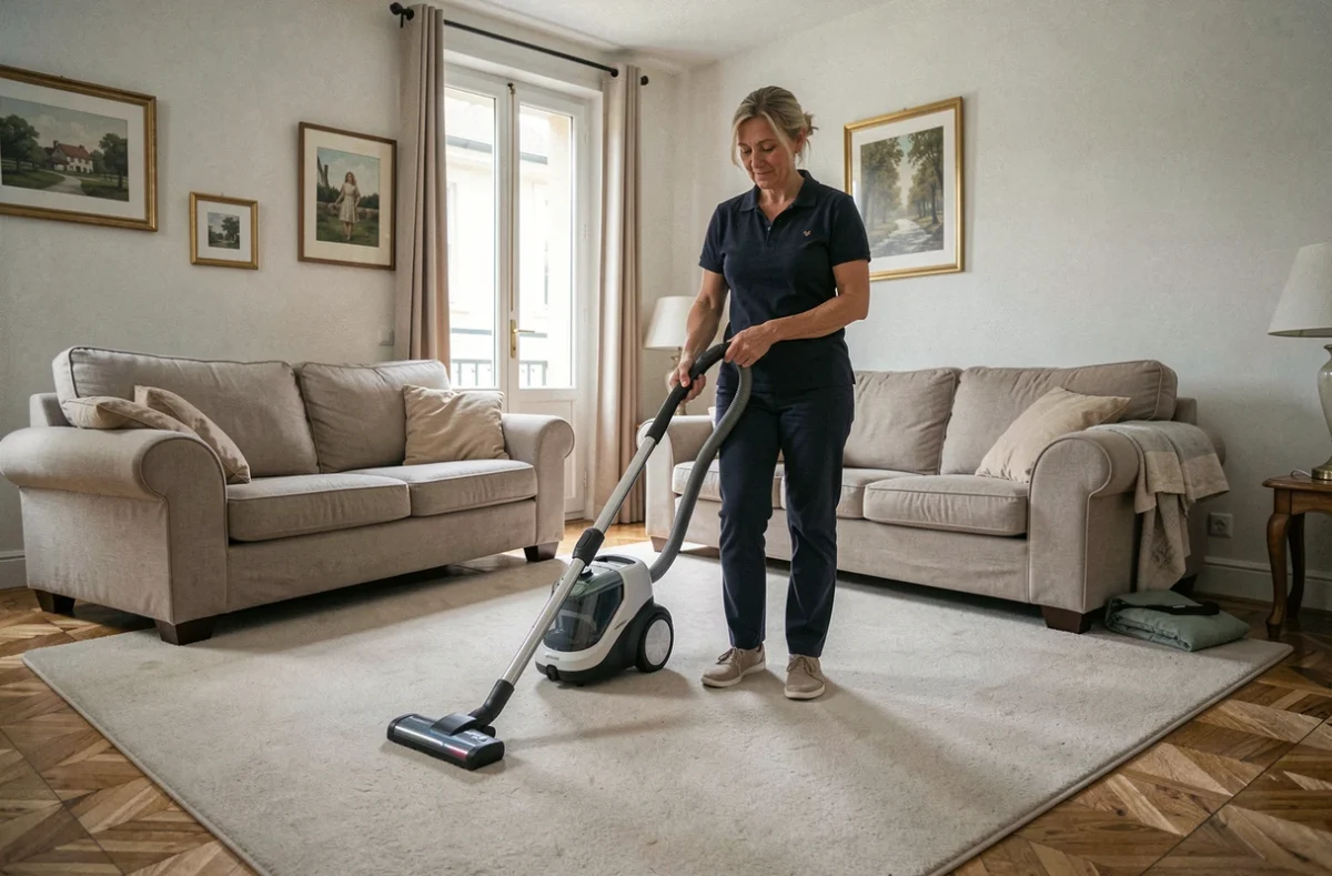 Aide ménagère passant l'aspirateur dans un salon d'appartement résidentiel en Moselle