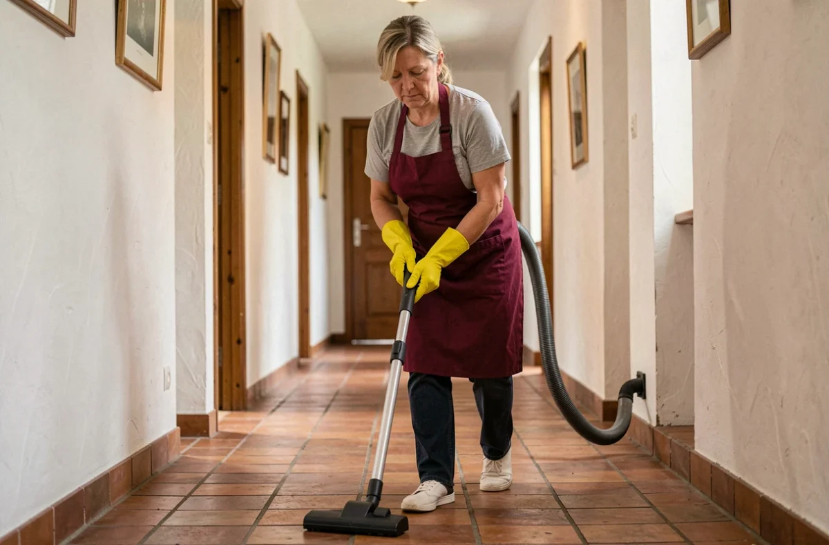 Aide ménagère aspirant le couloir d'un appartement traditionnel alsacien à Mulhouse