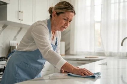 Aide ménagère en tablier bleu nettoyant un plan de travail dans une cuisine moderne