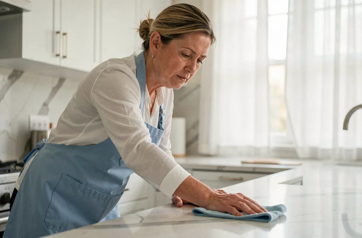 Aide ménagère en tablier bleu nettoyant un plan de travail dans une cuisine moderne