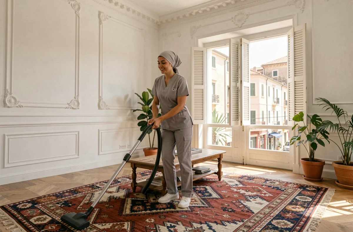 Aide ménagère passant l'aspirateur dans le salon d'une villa à Tanger