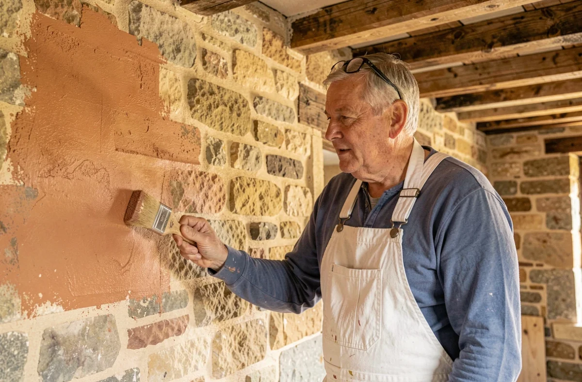 Alain Rolland Peinture appliquant un badigeon à la chaux terracotta sur le mur en pierre brute d'une ferme normande restaurée avec des poutres en bois apparentes