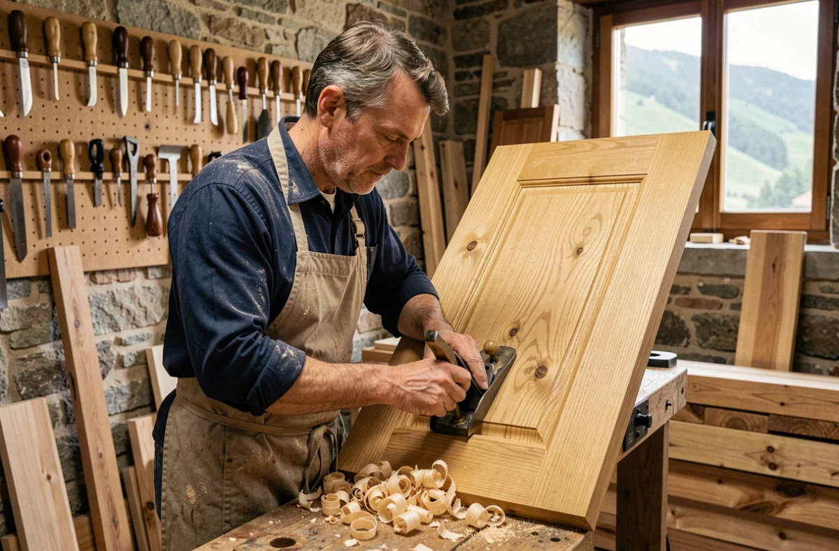 Artisan menuisier d'Ambr'et Bois travaillant un panneau de bois sur mesure en chêne dans son atelier à Vizille