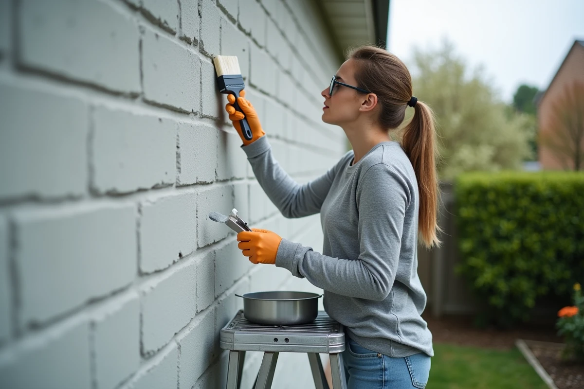 Femme appliquant une couche d'apprêt sur un mur en parpaing extérieur depuis un escabeau, préparation avant peinture façade