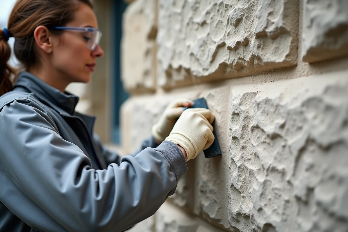 Femme maçonne appliquant du mortier de chaux entre des joints de pierres de parement extérieur