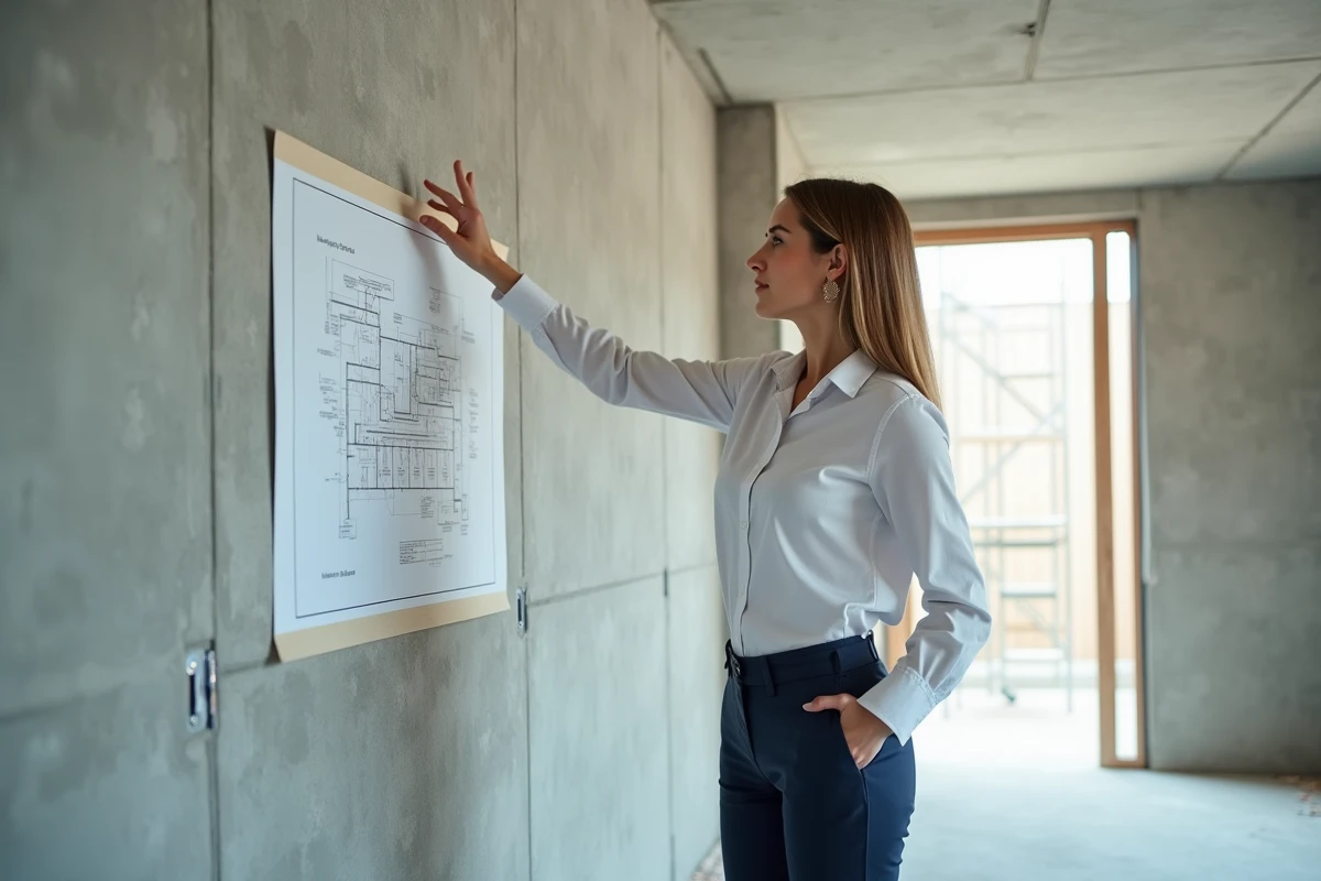 Architecte féminine désignant un schéma technique sur un panneau isolant dans un chantier de construction intérieur