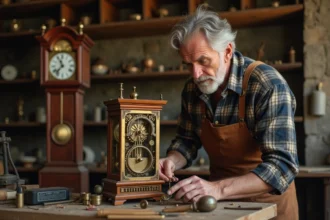Artisan horloger assemblant le mécanisme en laiton d'une horloge comtoise dans son atelier traditionnel
