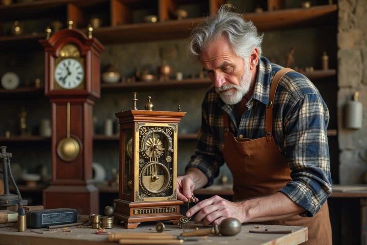 Artisan horloger assemblant le mécanisme en laiton d'une horloge comtoise dans son atelier traditionnel