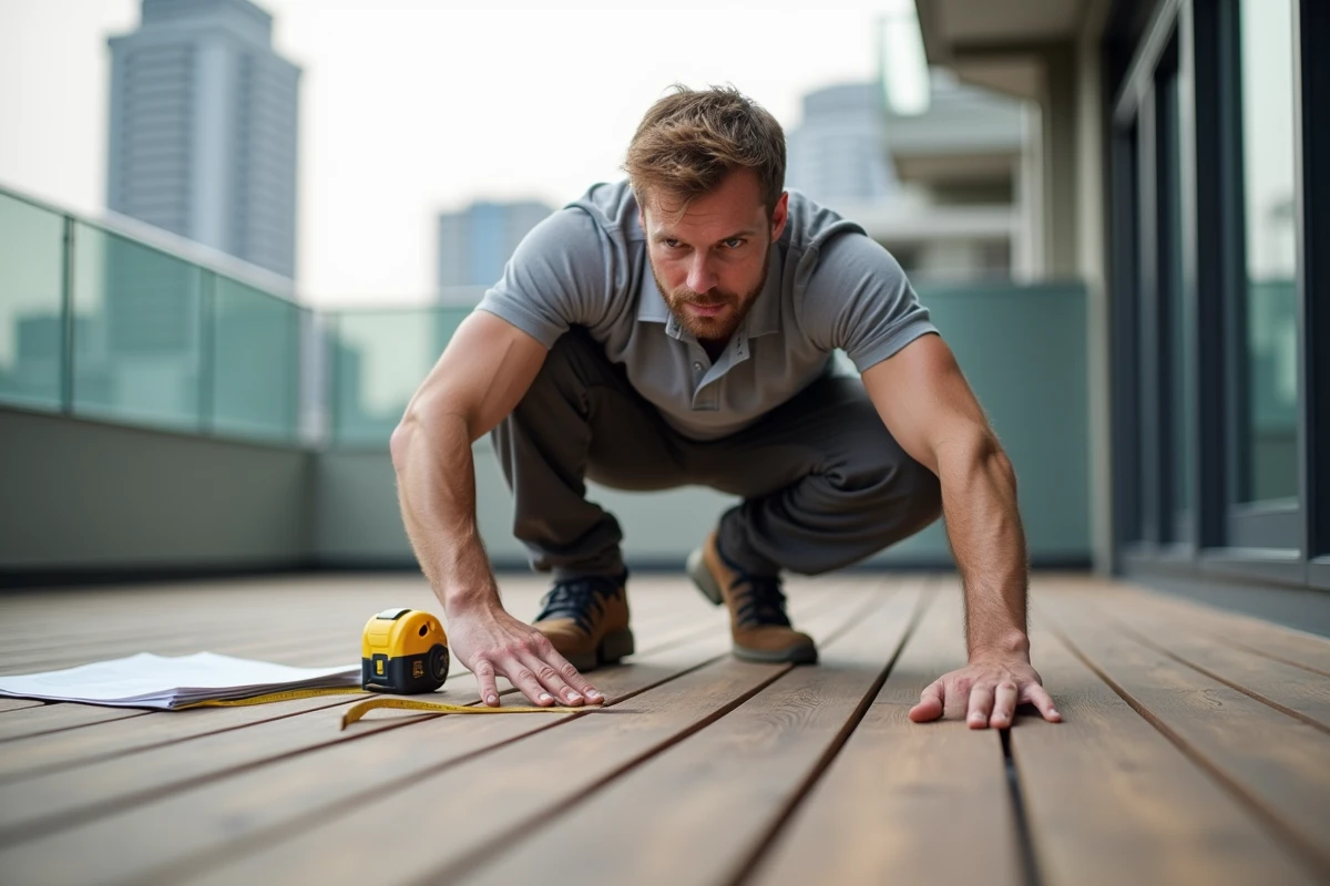 Artisan inspectant des lames de terrasse en bois composite lors d'une évaluation du prix au m2