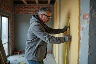 Artisan mesurant l'épaisseur de panneaux isolants rigides sur un mur intérieur en brique lors d'une rénovation
