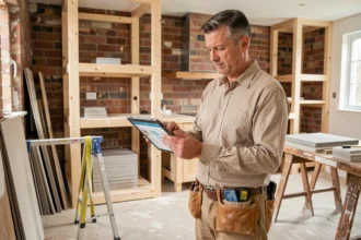 Artisan expérimenté consultant une application de mise en relation sur tablette dans une cuisine en cours de rénovation