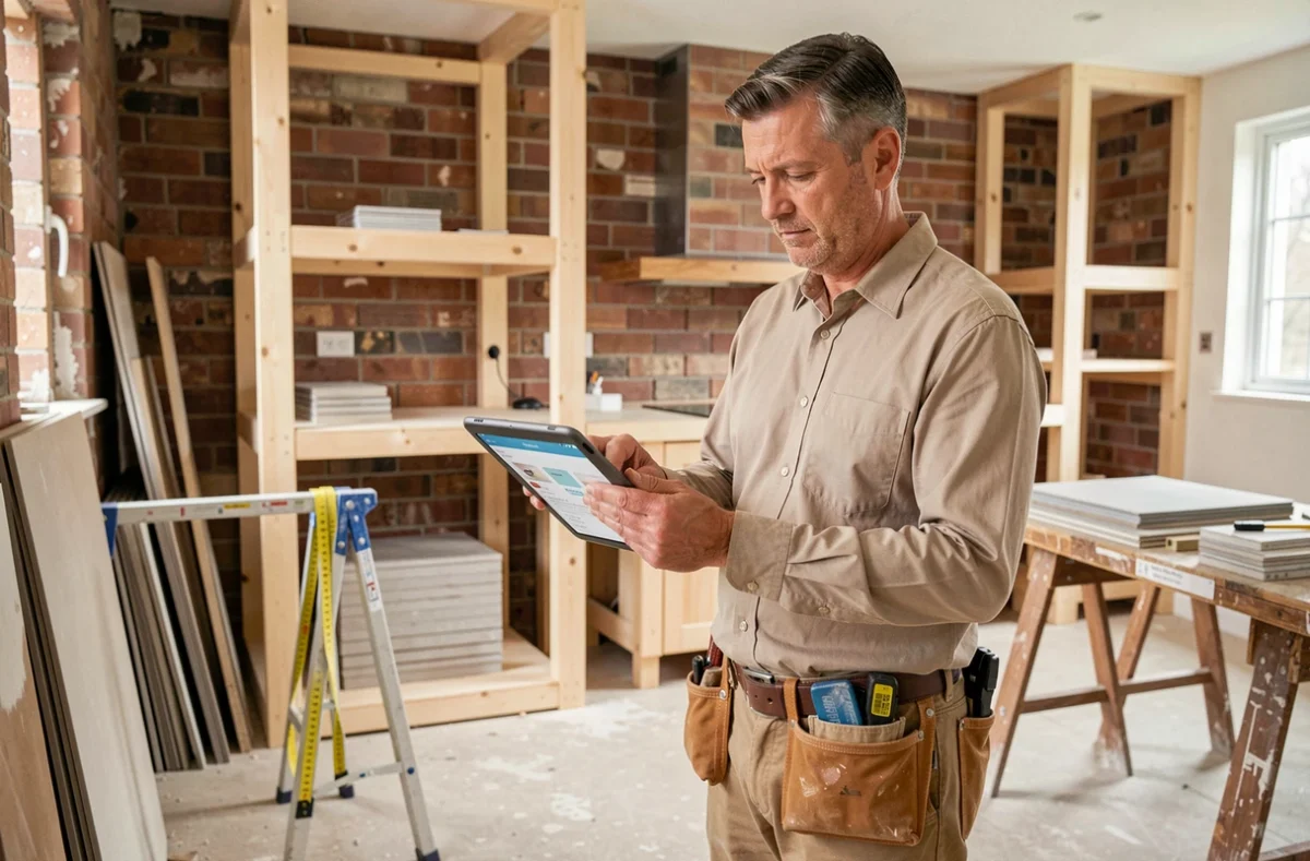 Artisan expérimenté consultant une application de mise en relation sur tablette dans une cuisine en cours de rénovation