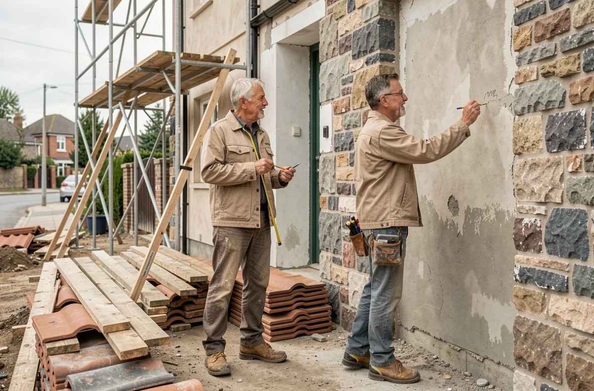 Deux artisans du bâtiment en train de prendre des mesures sur un chantier de rénovation de maison