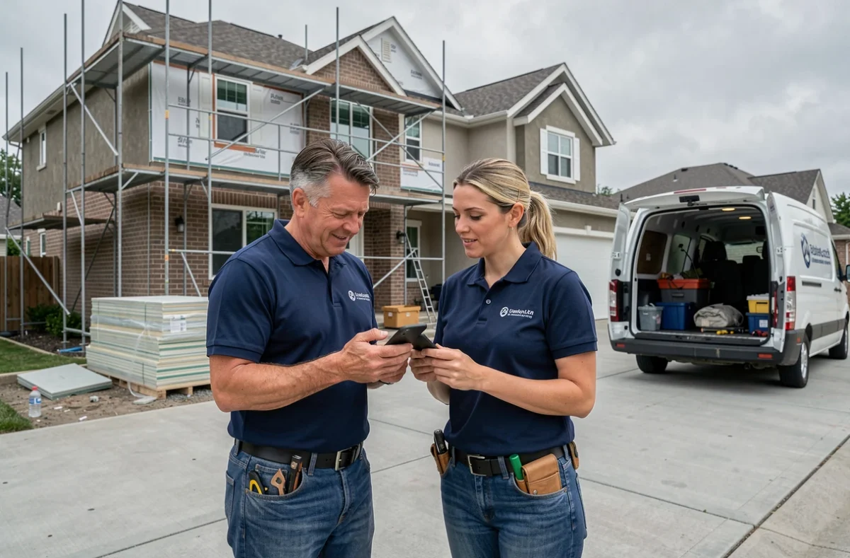 Deux artisans en déplacement discutant d'un devis de rénovation extérieure sur smartphone devant un pavillon
