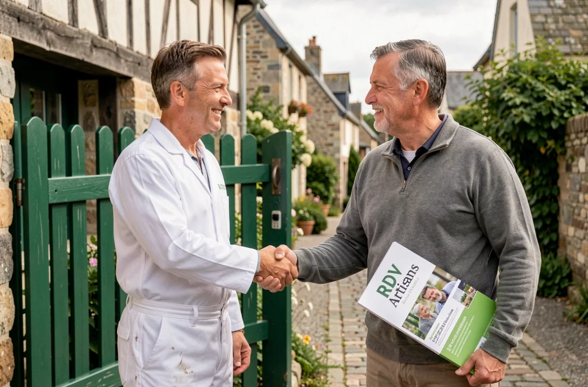 Artisan peintre référencé sur RDV Artisans en Calvados serrant la main d'un propriétaire devant une maison normande à colombages avec un portail vert fraîchement peint