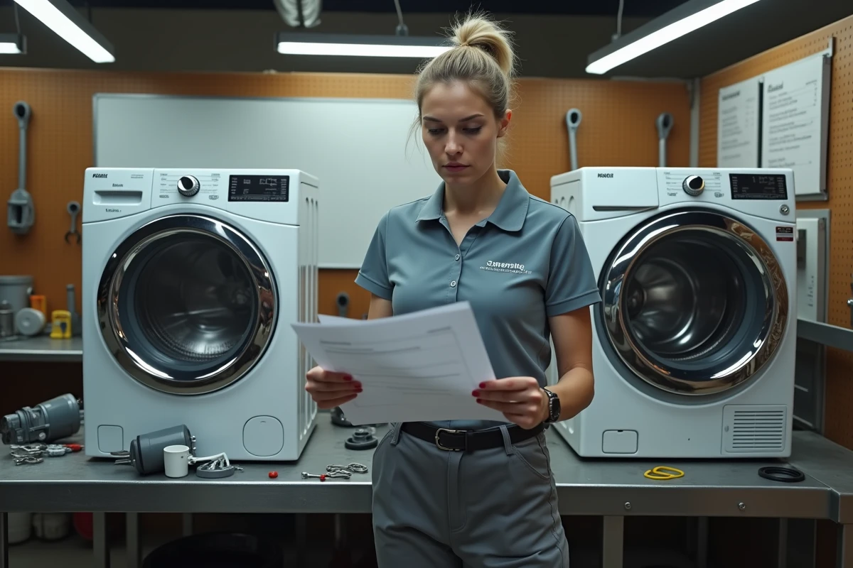 Technicienne analysant des lave-linges démontés dans un atelier de réparation d'électroménager professionnel
