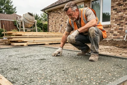 Autoconstruction béton désactivé : un homme inspecte une dalle fraîchement coulée dans un jardin en chantier