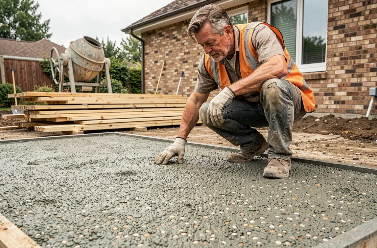 Autoconstruction béton désactivé : un homme inspecte une dalle fraîchement coulée dans un jardin en chantier