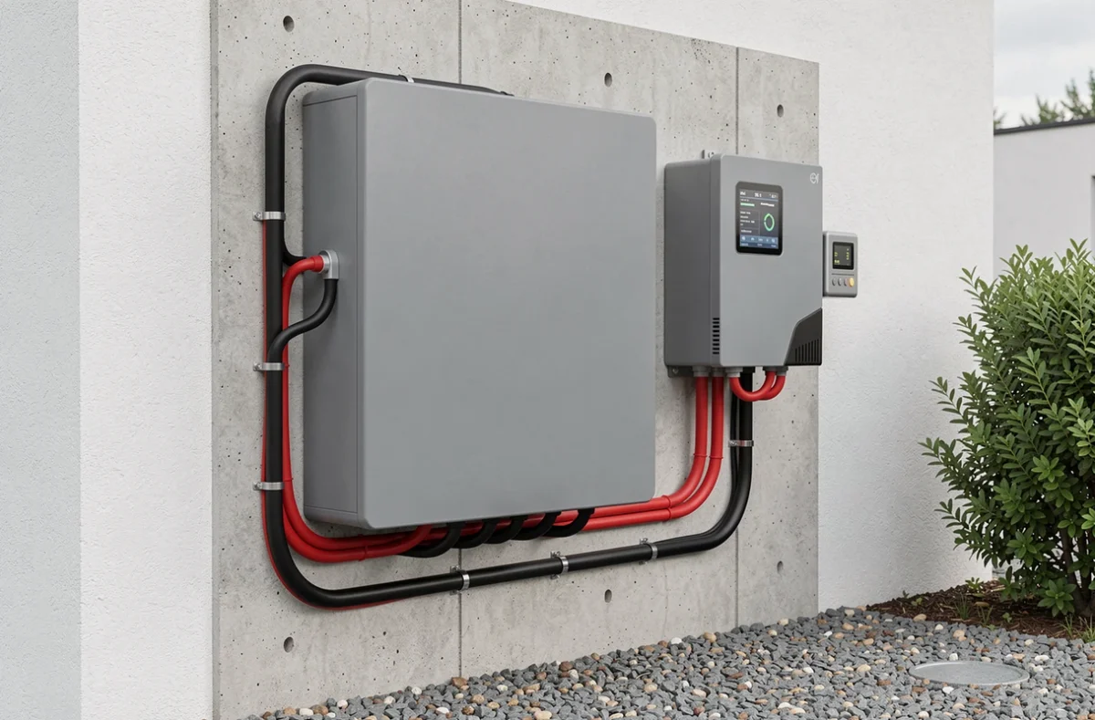 Batterie lithium et onduleur solaire hybride d'un kit autonome 5000W installés sur un mur extérieur