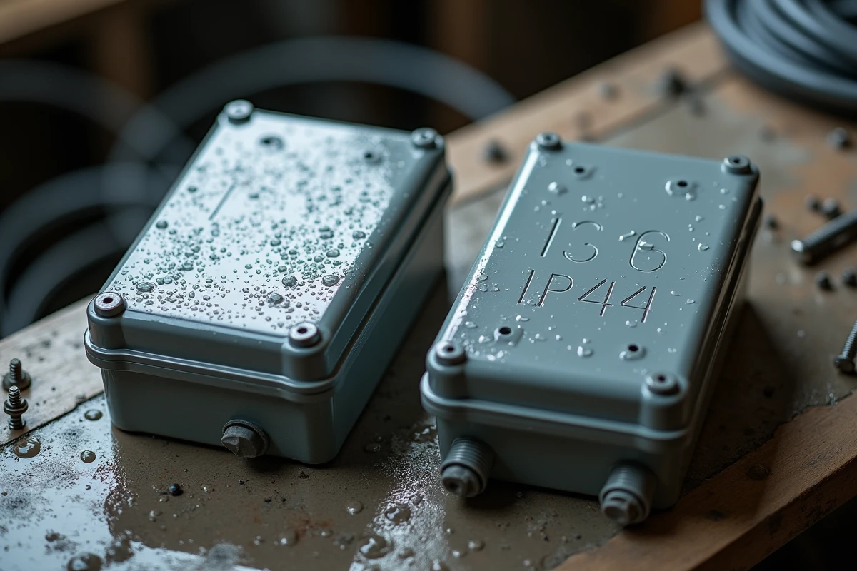 Boîtiers électriques certifiés IP44 avec gouttes d'eau sur surface béton humide en atelier