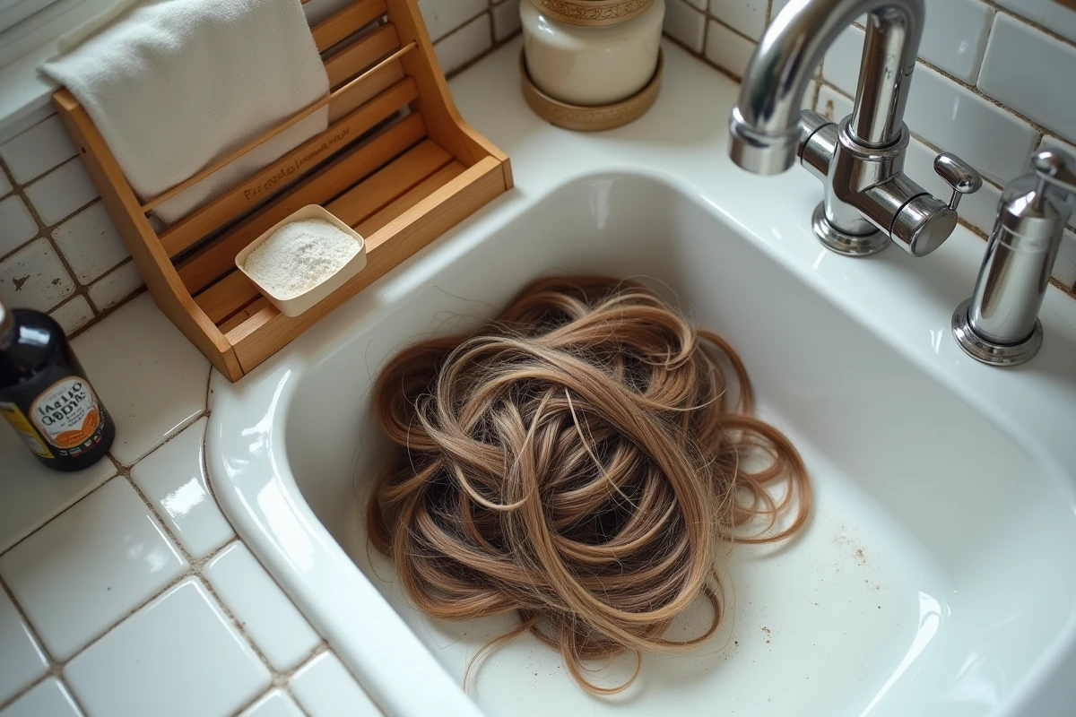 Bouchon de cheveux extrait d'un évier à côté de bicarbonate de soude et de vinaigre blanc pour débouchage naturel