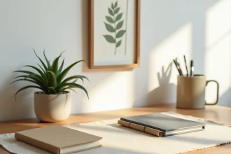 Bureau à domicile minimaliste et écologique avec plante succulente, carnet kraft et porte-stylos en bambou sur un bureau en bois naturel