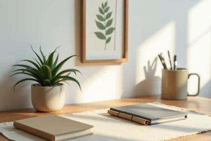 Bureau à domicile minimaliste et écologique avec plante succulente, carnet kraft et porte-stylos en bambou sur un bureau en bois naturel
