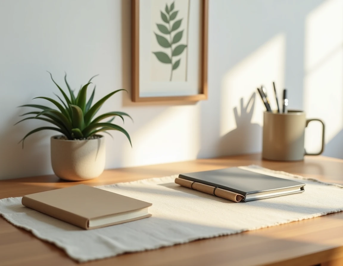 Bureau à domicile minimaliste et écologique avec plante succulente, carnet kraft et porte-stylos en bambou sur un bureau en bois naturel