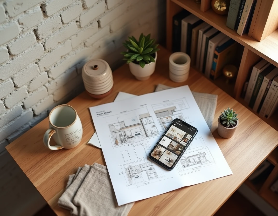 Vue en plongée d'un bureau avec une application de planification de décoration intérieure, échantillons de tissus et accessoires de design