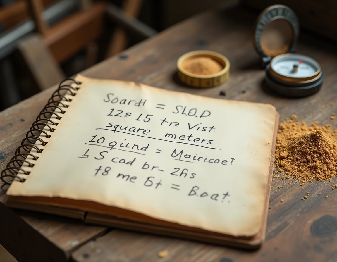 Calculs manuscrits de conversion de m² en m³ de sable sur un cahier de chantier posé sur un établi