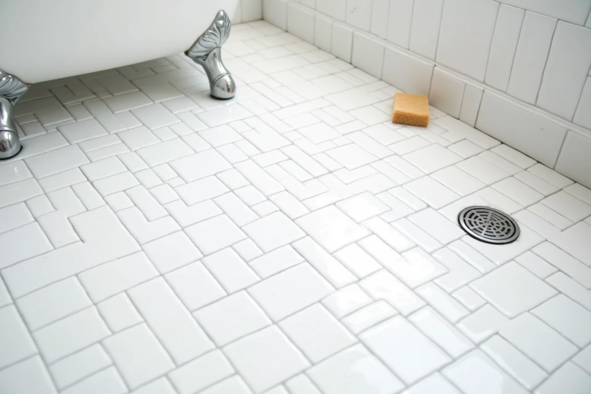 Sol de salle de bain carrelé en métro blanc en chevron avec joints gris fins et bac de douche chromé
