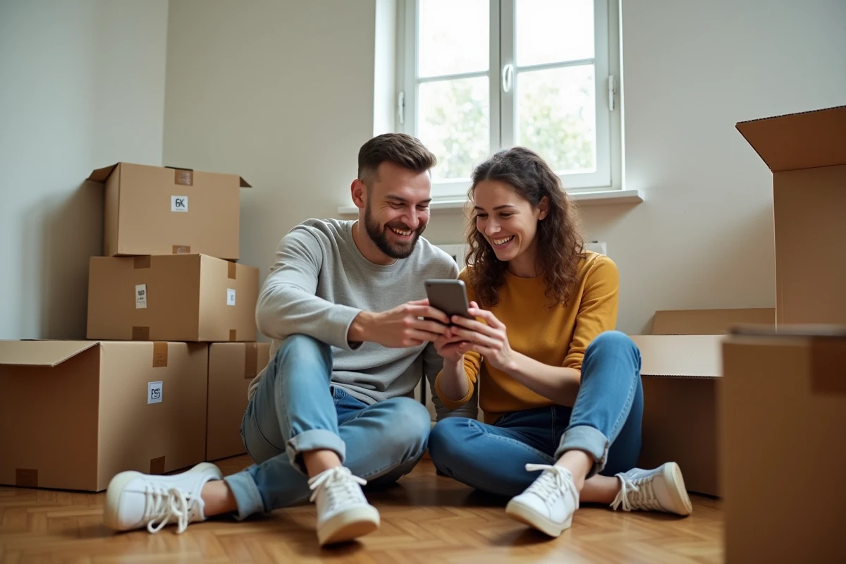 Deux amis entourés de cartons récupérés gratuitement dans un appartement en cours de déménagement