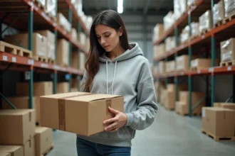 Femme récupérant des cartons gratuits dans la réserve d'un supermarché pour préparer son déménagement
