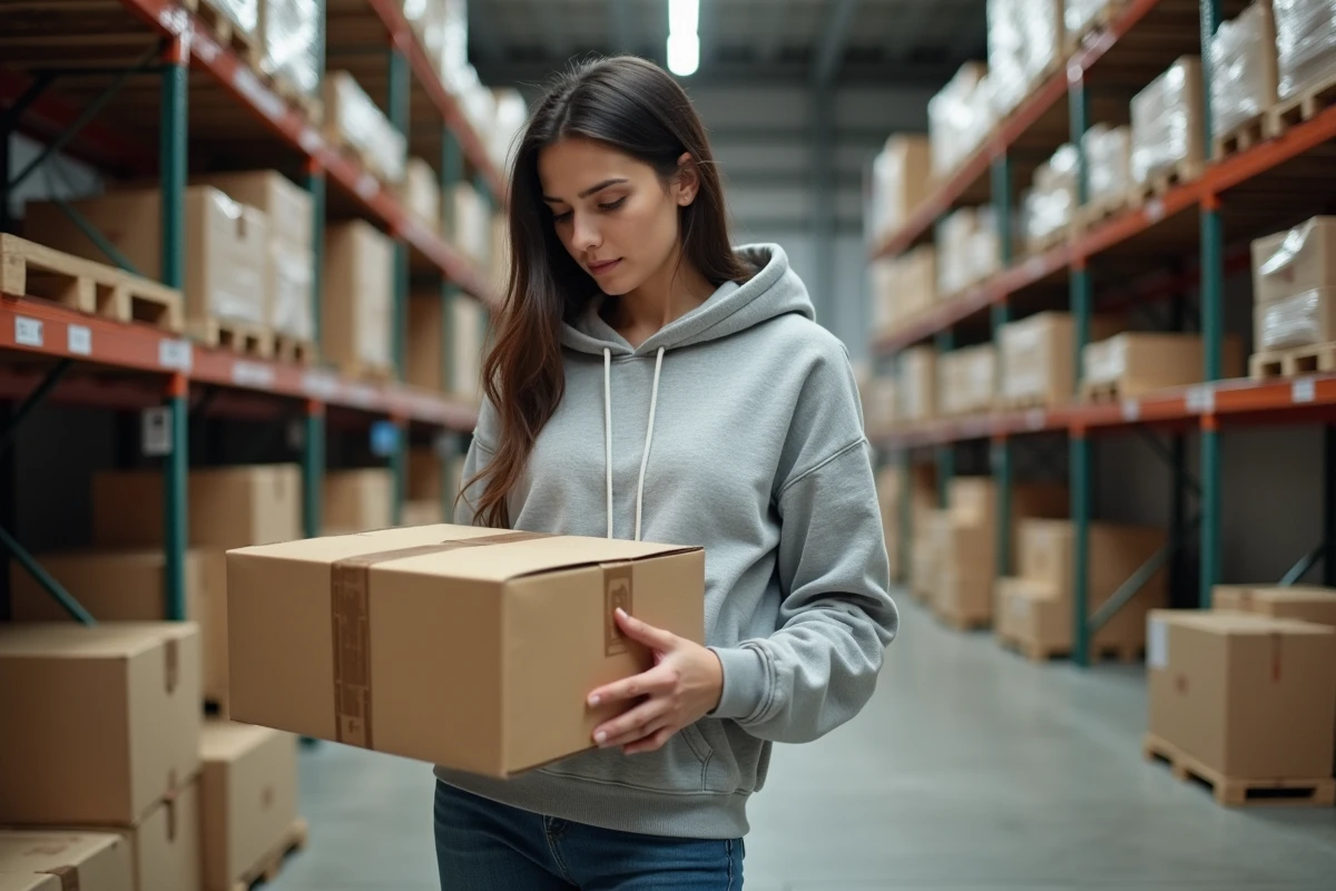 Femme récupérant des cartons gratuits dans la réserve d'un supermarché pour préparer son déménagement
