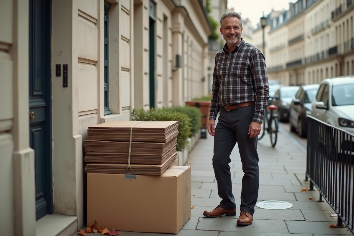 Homme récupérant une pile de cartons gratuits sur un trottoir en ville pour un déménagement économique