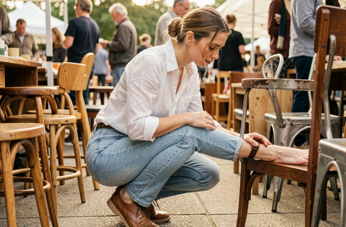 Femme inspectant une chaise design d'occasion dans un marché aux puces en plein air
