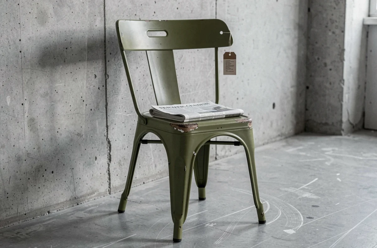 Chaise design Tolix occasion en métal vert olive avec étiquette de prix dans un loft minimaliste