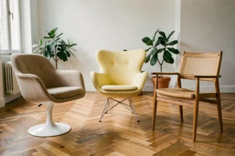Sélection de chaises design d'occasion vintage dans un appartement parisien, parquet en chêne et murs blancs