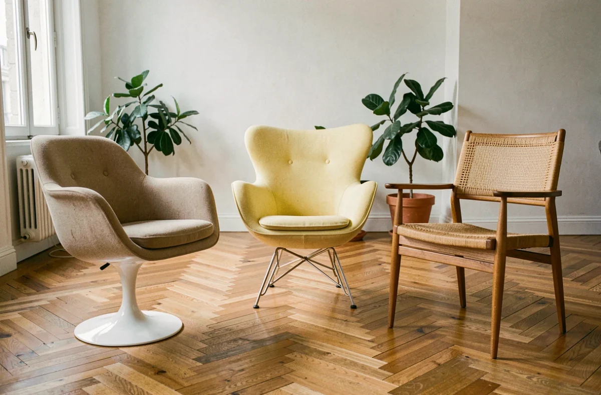 Sélection de chaises design d'occasion vintage dans un appartement parisien, parquet en chêne et murs blancs