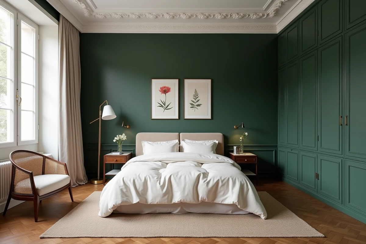 Chambre rénovée dans un appartement haussmannien à Lille avec moulures en plâtre, linge de lit en percale et armoires sur mesure vert forêt