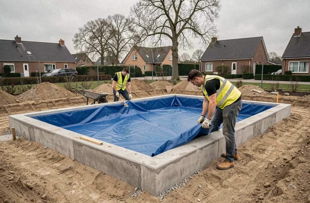 Chantier de construction d'une piscine enterrée avec pose de liner dans un jardin résidentiel des Hauts-de-France