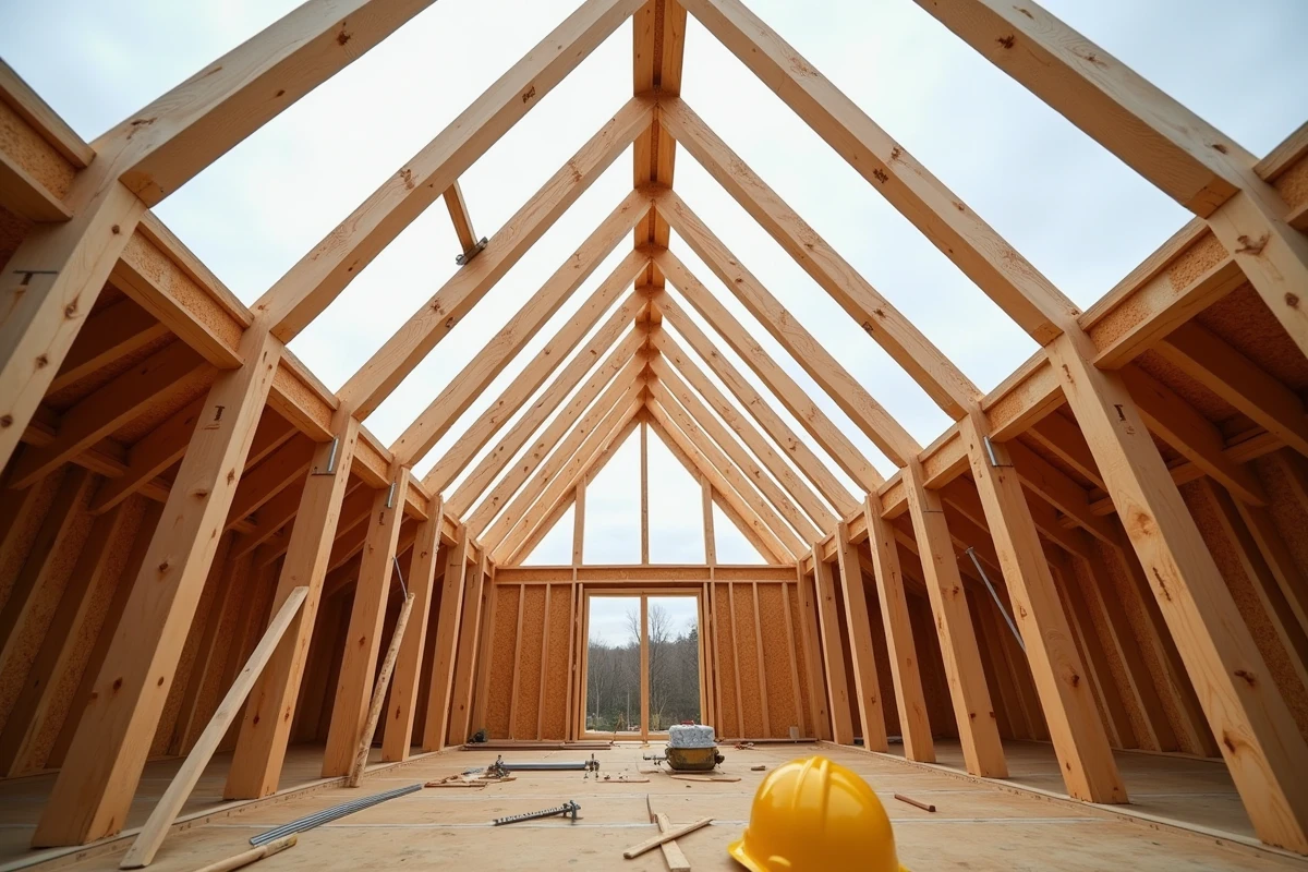 Structure de charpente en bois vue de dessous avec chevrons madriers et bastaings assemblés sur un chantier de toiture