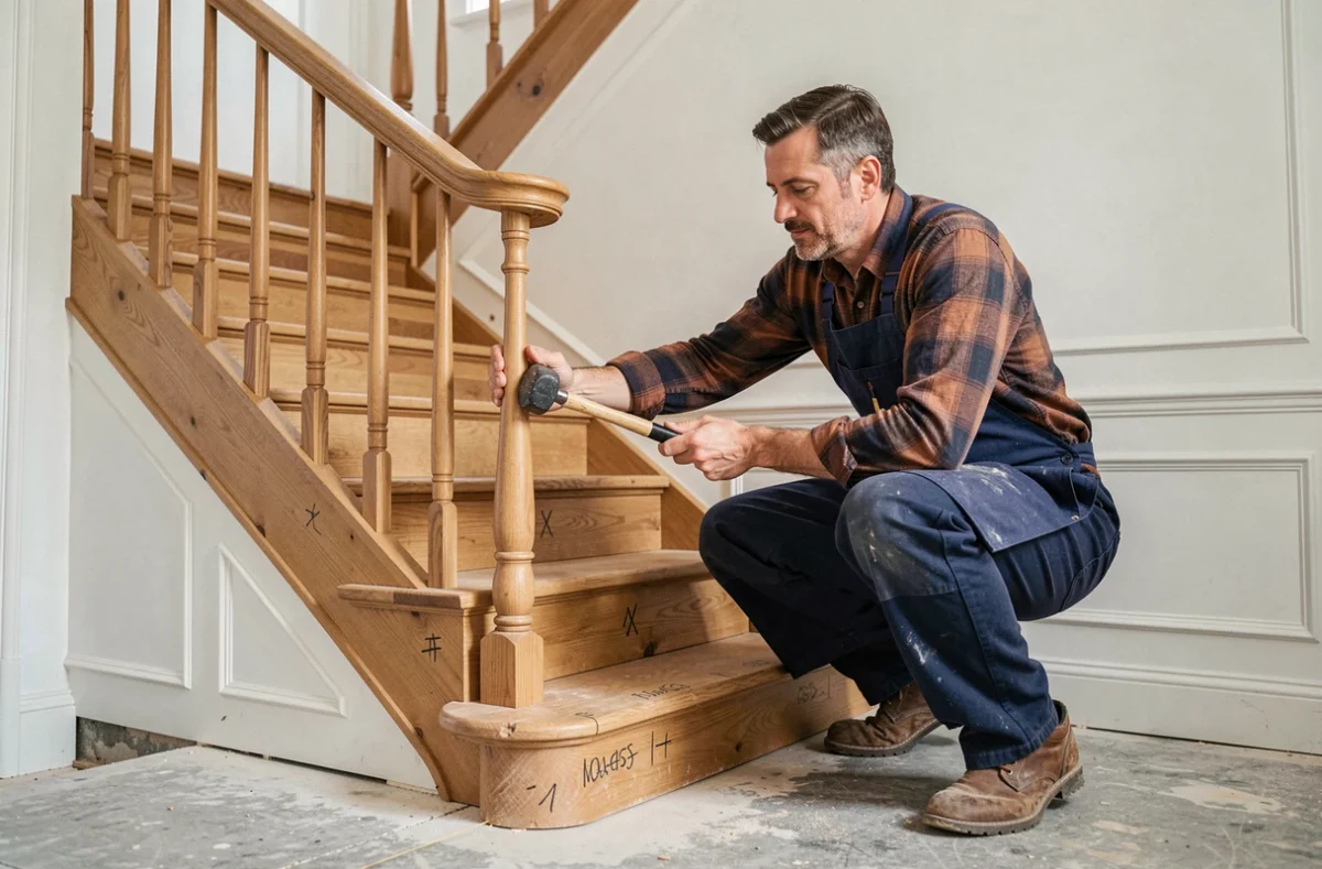 Artisan de Charpente Escalier Menuiserie assemblant les balustres d'un escalier en chêne sur mesure dans une maison française