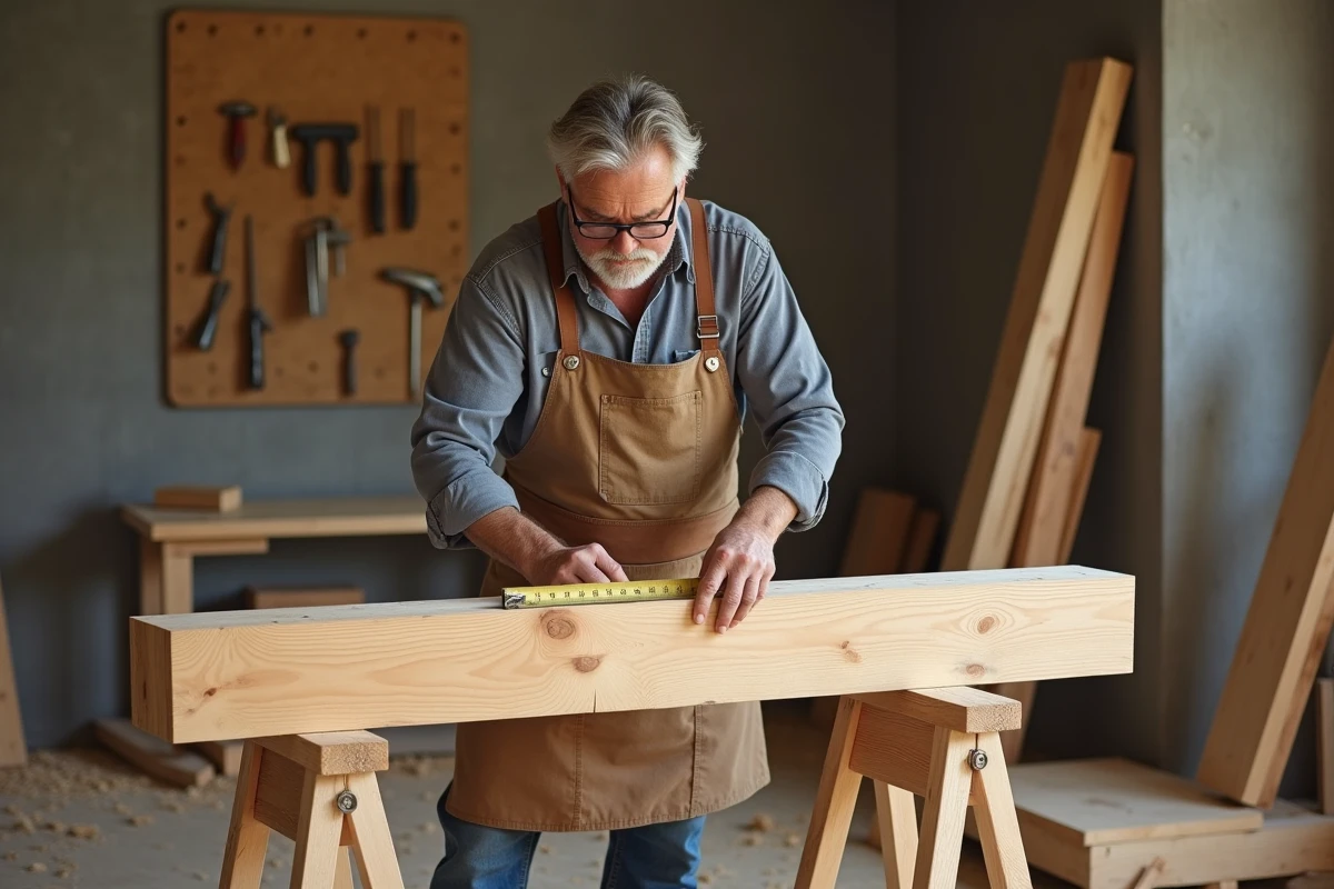 Charpentier mesurant un bastaing en bois dans un atelier de menuiserie avec établi et outils au mur