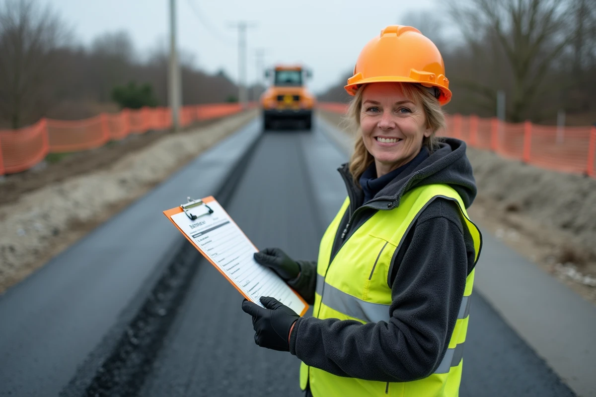 Chef de chantier vérifiant un devis de pose d'enrobé drainant sur un chantier routier municipal