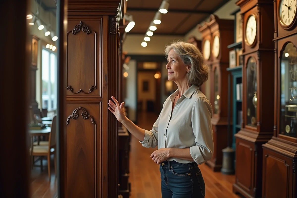 Femme examinant le prix d'une horloge comtoise artisanale dans une boutique d'horlogerie ancienne